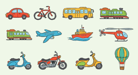 Obraz premium Various Transportation Vehicles: Car Bike Bus Train Airplane Boat Helicopter.