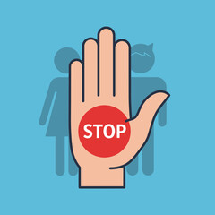 Fototapeta premium Hand with stop sign and silhouetted figures behind.