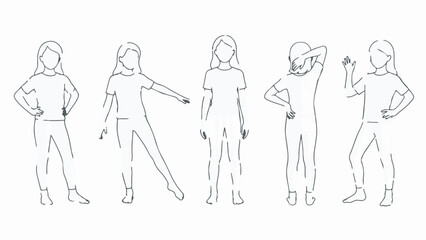 Set of Minimalist Line Art Female Characters in Various Poses