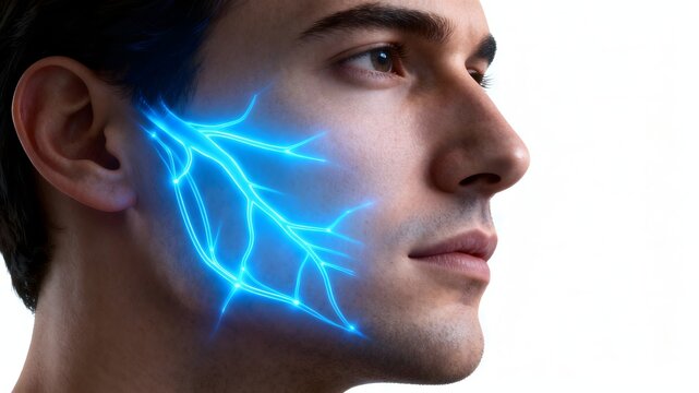 Person face with glowing blue trigeminal neuralgia pain visualization. White background.