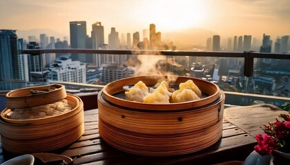 Savoring authentic Asian dumplings in bamboo steamers with a breathtaking cityscape backdrop during a golden sunset, offering a delicious culinary and urban experience
