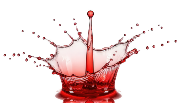 A vibrant red liquid splash creating a crown shape and droplets isolated on transparent background - Powered by Adobe
