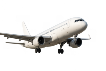 White passenger jet airplane landing or taking off, flying with landing gear extended, on transparent background