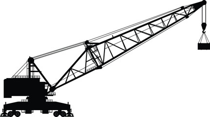 Heavy Duty Construction Crane Silhouette Lifting Cargo Container Against White Background, Industrial Engineering Machinery, Power, Development, and Transportation Vector Illustration
