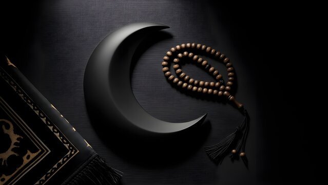 A dramatic, dark-themed image featuring a matte black crescent moon symbol placed next to a string of brown prayer beads (Tasbeeh or Misbaha) and a portion of a patterned prayer rug, all set. 