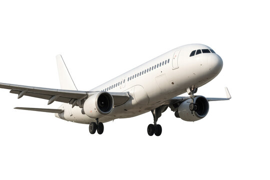White passenger jet airplane landing or taking off, flying with landing gear extended, on transparent background