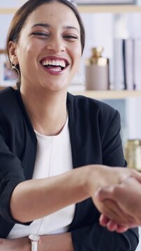 Shaking hands, meeting and business people in office for interview, onboarding or hiring process. Happy, welcome and mature female hr manager with candidate for handshake with contract in workplace.