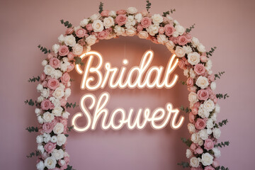 Elegant floral arch frames 'Bridal Shower' neon sign, creating a romantic and festive atmosphere for wedding celebrations and party decor inspiration