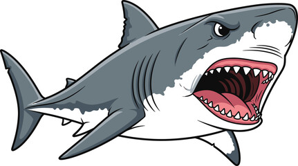 Cartoon great white shark illustration with open mouth and visible teeth on transparent background