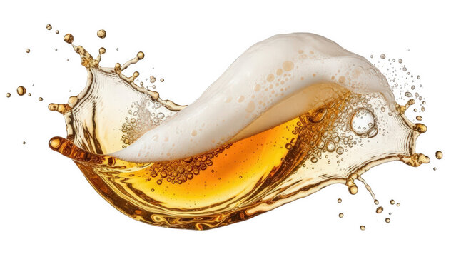 A dynamic splash of refreshing golden beer with a creamy white foam head, isolated on transparent background