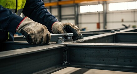 Metalworker tightening bolt on steel frame inside industrial workshop