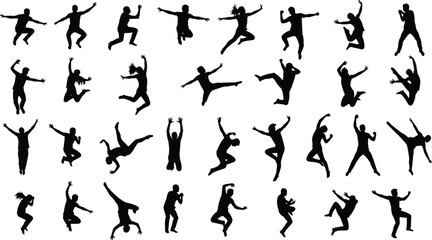 Jumping People Silhouettes, Dynamic Group of Adults and Teenagers in Motion, Excitement, Success, Freedom and Joyful Celebration, Black and White