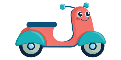 Cute smiling cartoon scooter illustration in coral and teal colors perfect for children's design projects