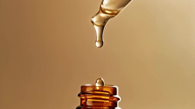 Golden skincare serum gently squeezed from a premium glass dropper in smooth slow-motion video