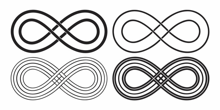 Collection of four distinct black and white infinity symbols showcasing various line weights and knot styles