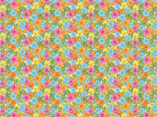 Vibrant Seamless Floral Pattern with Pink, Blue, Yellow, and Orange Flowers and Green Leaves isolated PNG with Transparent Background