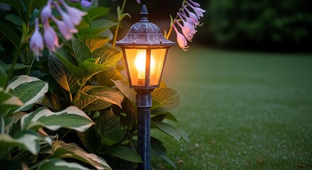 Glowing garden lantern illuminating lush foliage on manicured lawn in twilight serenity creates a calming backyard