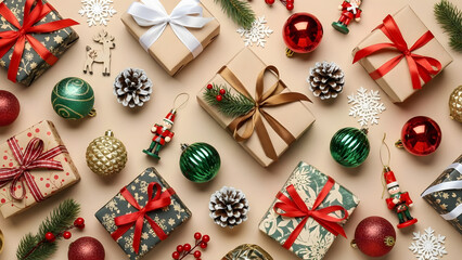 Christmas Gift Boxes with Ornaments and Decorations on Light Background