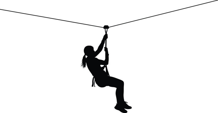 Silhouette of a person riding a zip line enjoying outdoor adventure on transparent background
