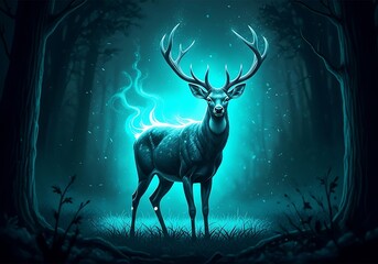Mystical glowing deer with antlers in a darkened forest landscape