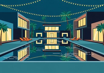 Nighttime modern luxury villa scene with illuminated pool and palm trees