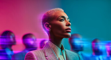 Confident African businesswoman leading a digital workforce in neon pink and blue future workplace