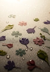 Pastel flora and foliage on a surface glistening with water droplets