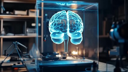 Brain Hologram in a Scientific Laboratory: A radiant, futuristic hologram of the human brain is encased within a transparent display, resting upon a laboratory bench, sparking curiosity and wonder. - Powered by Adobe