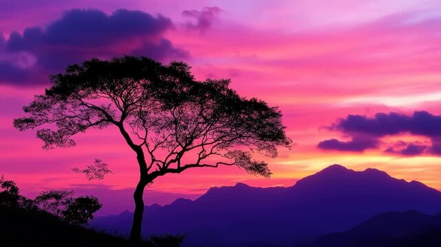 Sunrise Silhouette: A solitary tree stands silhouetted against a vibrant tapestry of colors at dawn. Capturing the peace and beauty of a new beginning