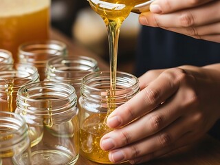 Pouring golden honey into glass jars on a rustic wooden table surface