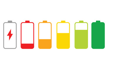 Battery charge level indicators in various stages from empty to full with colors