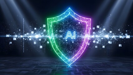 A futuristic neon shield with a padlock symbolizing cybersecurity and data protection