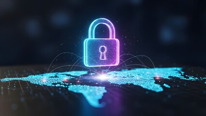 Neon lock on world map representing global cybersecurity and data protection