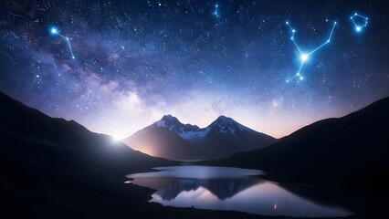 Starry night sky over mountains and serene lake