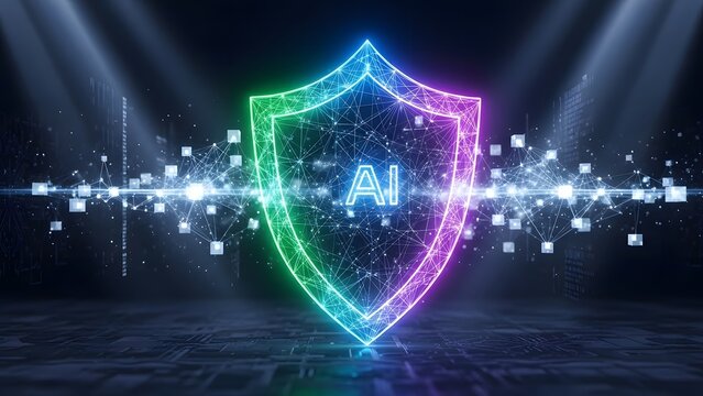 A futuristic neon shield with a padlock symbolizing cybersecurity and data protection - Powered by Adobe