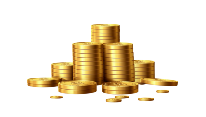 A growing stack of golden coins isolated on white symbolizing financial success and wealth investment