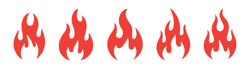 Set of red fire flame icon isolated on white background, red flames in different shapes collection