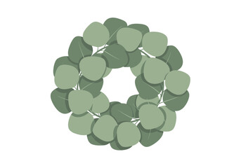 A circular wreath composed of overlapping rounded sagegreen eucalyptus leaves on a white background © Lina
