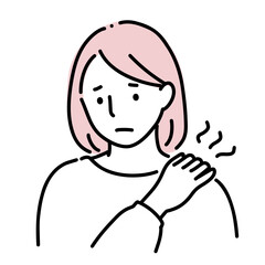 肩の痛みを感じる女性の線画イラスト