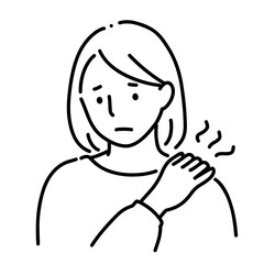 肩の痛みを感じる女性のモノクロ線画イラスト