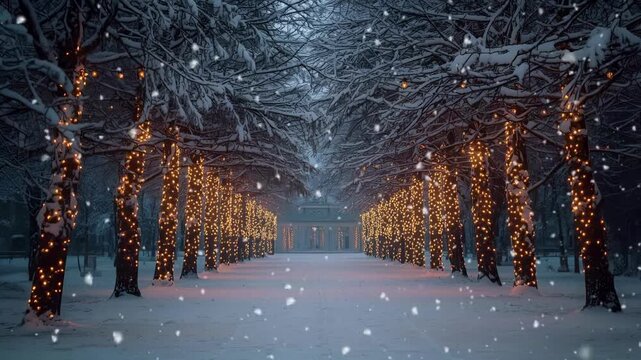 Falling snow on road and trees - beautiful view on road video 