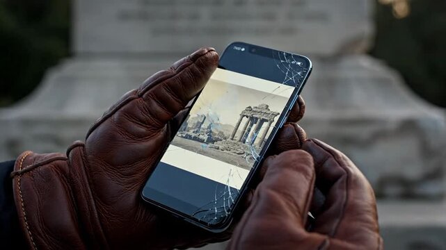 Person using broken screen phone with cracked display in leather gloves.