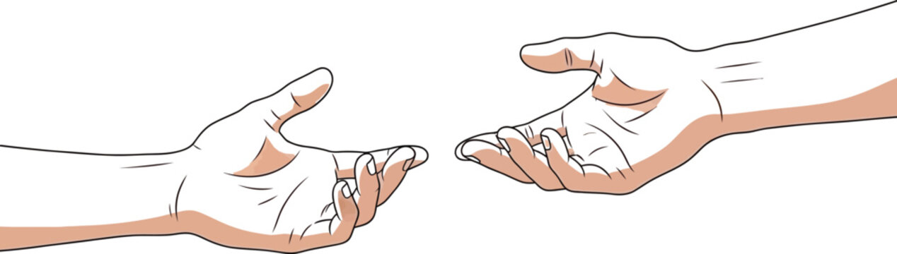 Two hands reaching towards each other with a glowing connection on transparent background