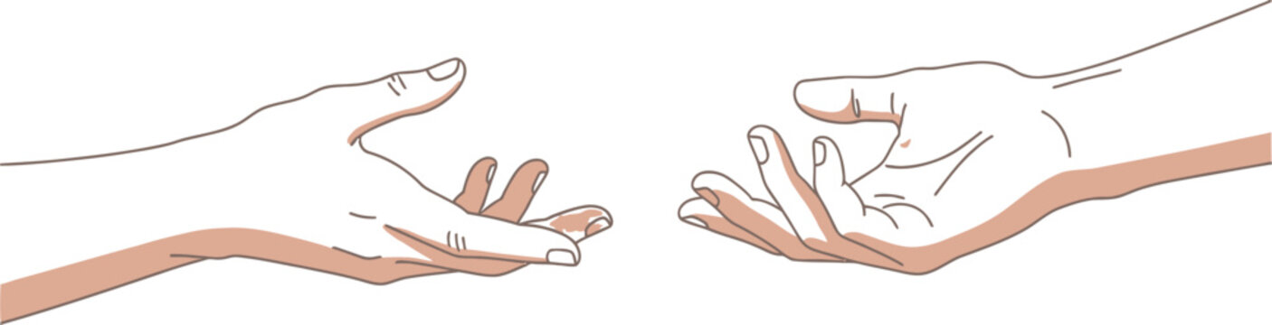 Two outstretched hands nearly touching with a glowing light between them on transparent background