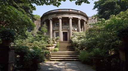 Neoclassical stone building entrance framed by lush green foliage and ascending steps