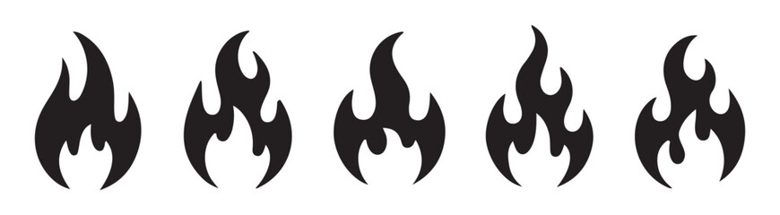 Set of fire flame icon isolated on white background, black flames in dynamic shapes collection