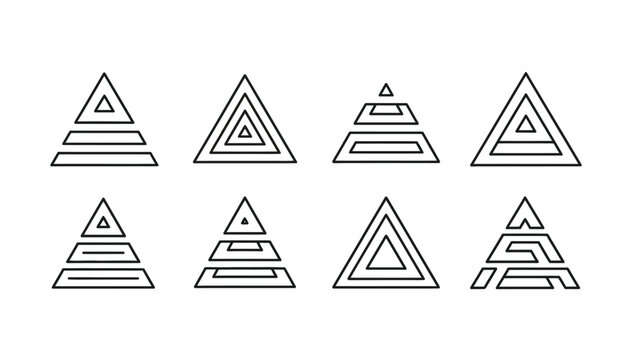 Collection of eight minimalist geometric pyramid icons featuring nested lines and abstract layered shapes for modern design