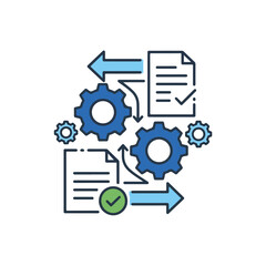 Workflow Process Illustration Gears, Documents, Arrows, Checkmarks