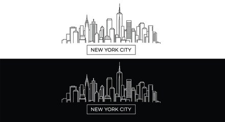 Fototapeta premium A grayscale illustration of the New York City skyline in two contrasting styles, one on a white background and the other on a black background.