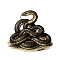Fototapeta premium Coiled Dark Snake with Cream Stripes Resting on Ground Isolated on Transparent Background